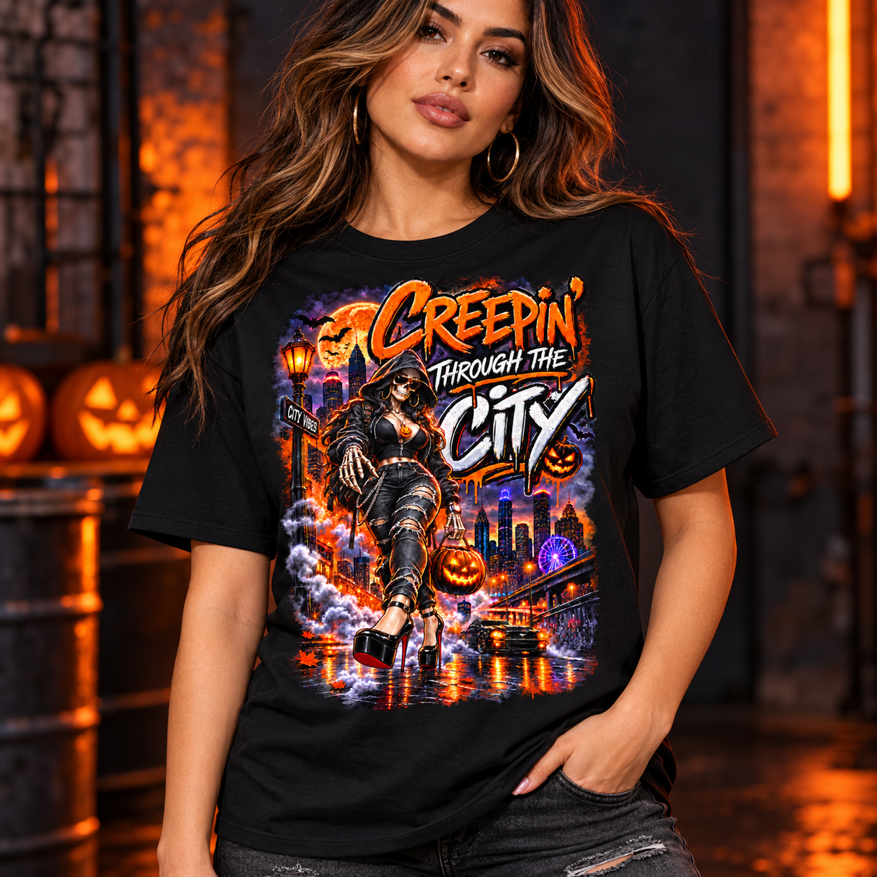Woman modeling the Creepin' Through the City female design on a black T-shirt