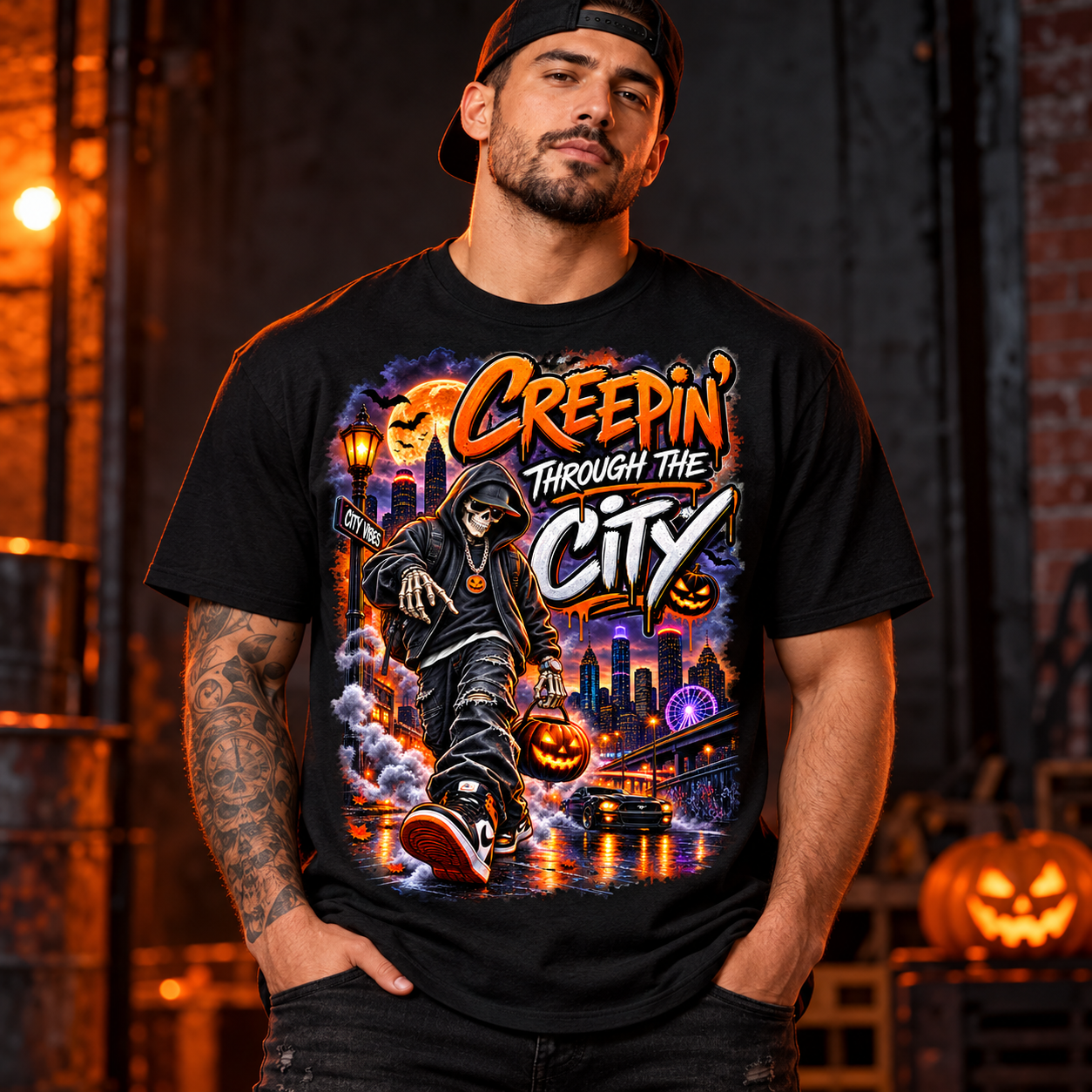 Man modeling the Creepin' Through the City male design on a black T-shirt