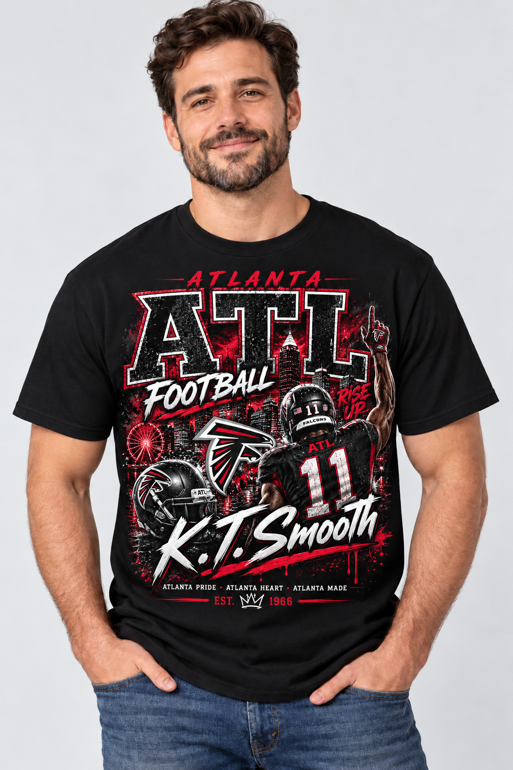Man modeling the K.T. Smooth ATL football tee